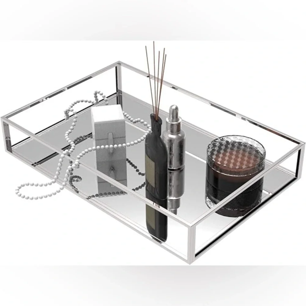 Silver Mirror Acrylic Vanity Tray – Decorative Storage for Jewelry, Makeup